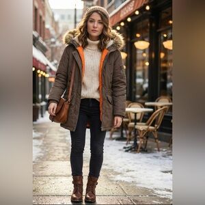 ✨Unisex Brown Military Field Cargo Utility Parka Jacket Coat with Fur Hood